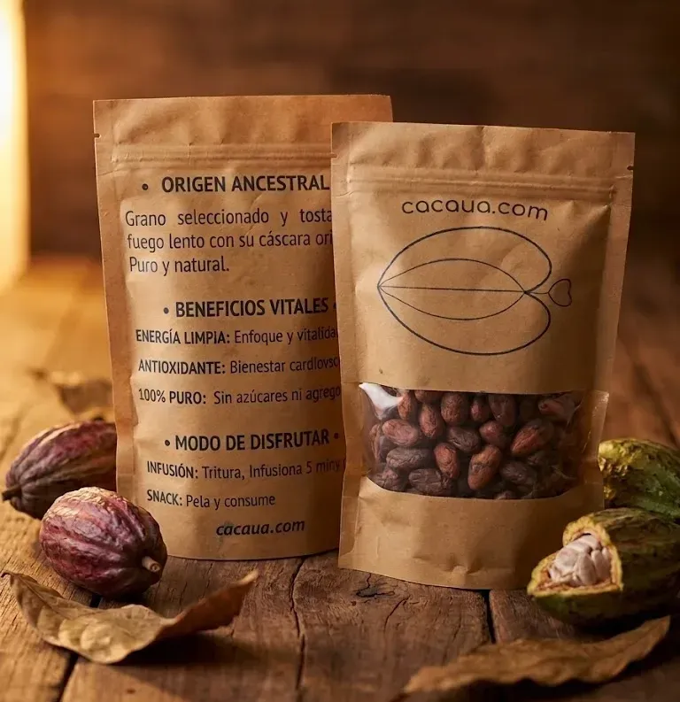 Bags of Cacaua roasted cacao beans on rustic wood, surrounded by fresh pods.
